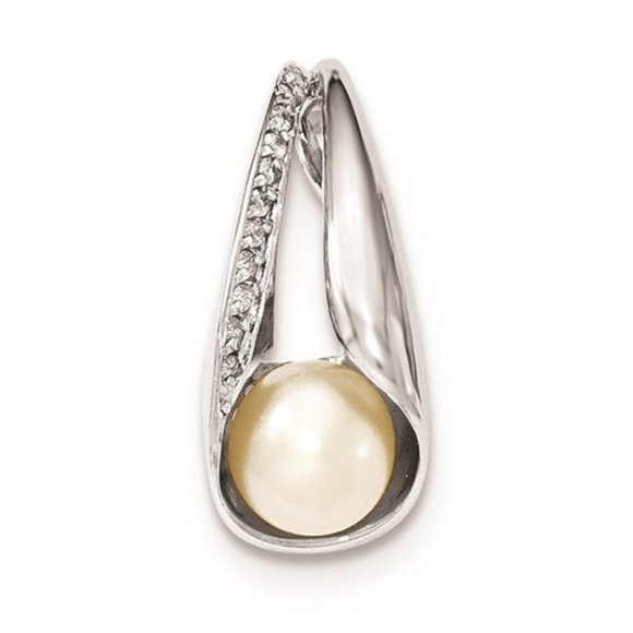 Closeout! 925 Sterling Silver Pendant with CZ and 8-9mm FWC White Button Pearl - Picture 1 of 2